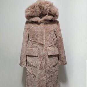 New Real Sheepskin Shearling Coat Jacket Parka Nude Tan Camel Taupe Fox Fur Hood